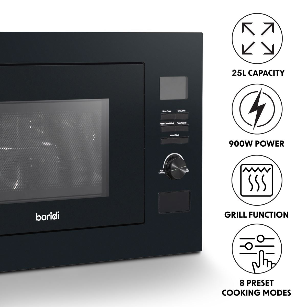 Baridi 25L Integrated Microwave Oven with Grill, 900W, Sensor Touch Controls, Black