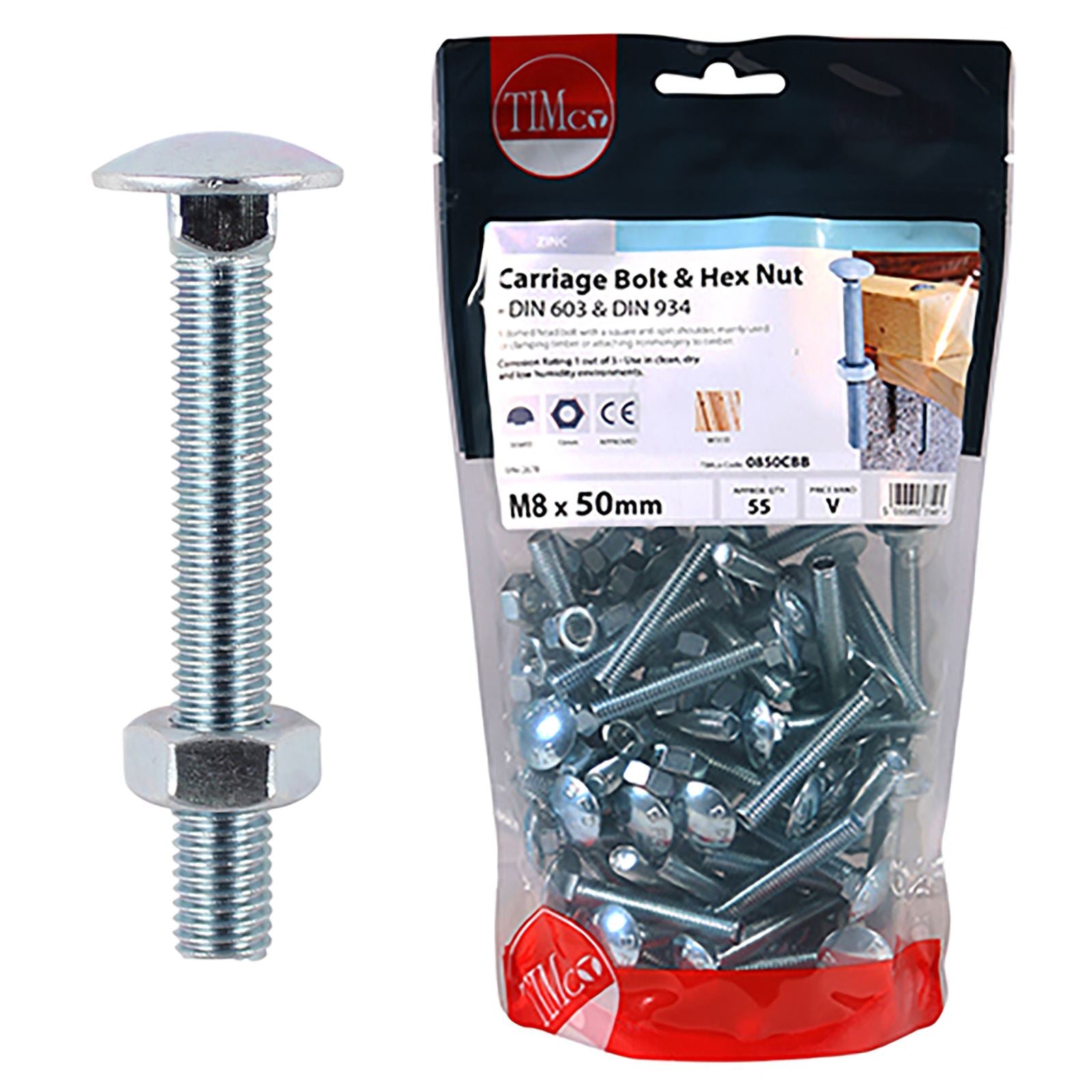 TIMCO Carriage Bolts with Hex Nuts 4.8 Grade Zinc Carbon Steel TIMbag M6-M12 - Choose Size