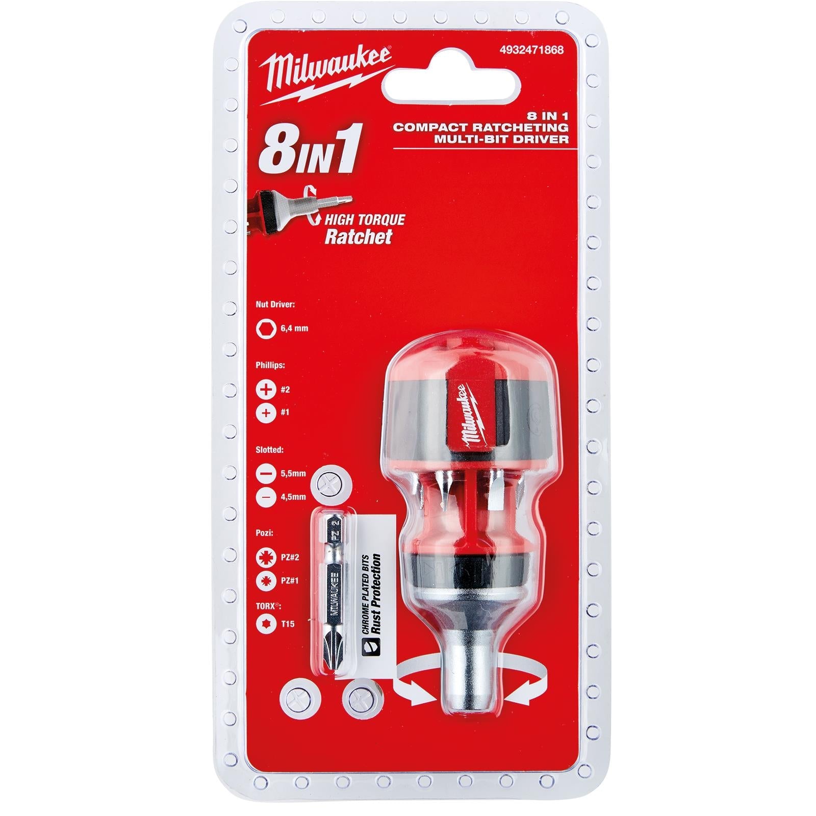 Milwaukee Compact Ratchet Screwdriver 8 in 1 Multi Bit Phillips Pozi Torx Slotted 