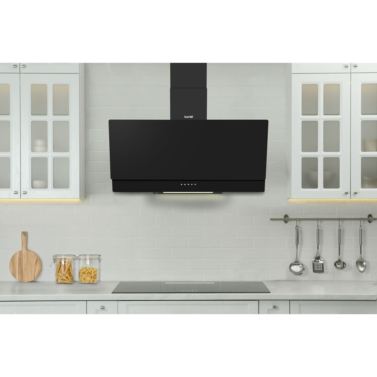 Baridi Angled Chimney Cooker Hood with Carbon Filters & LED Lamp 90cm, Energy Class A - Black Glass  White Rose Tools