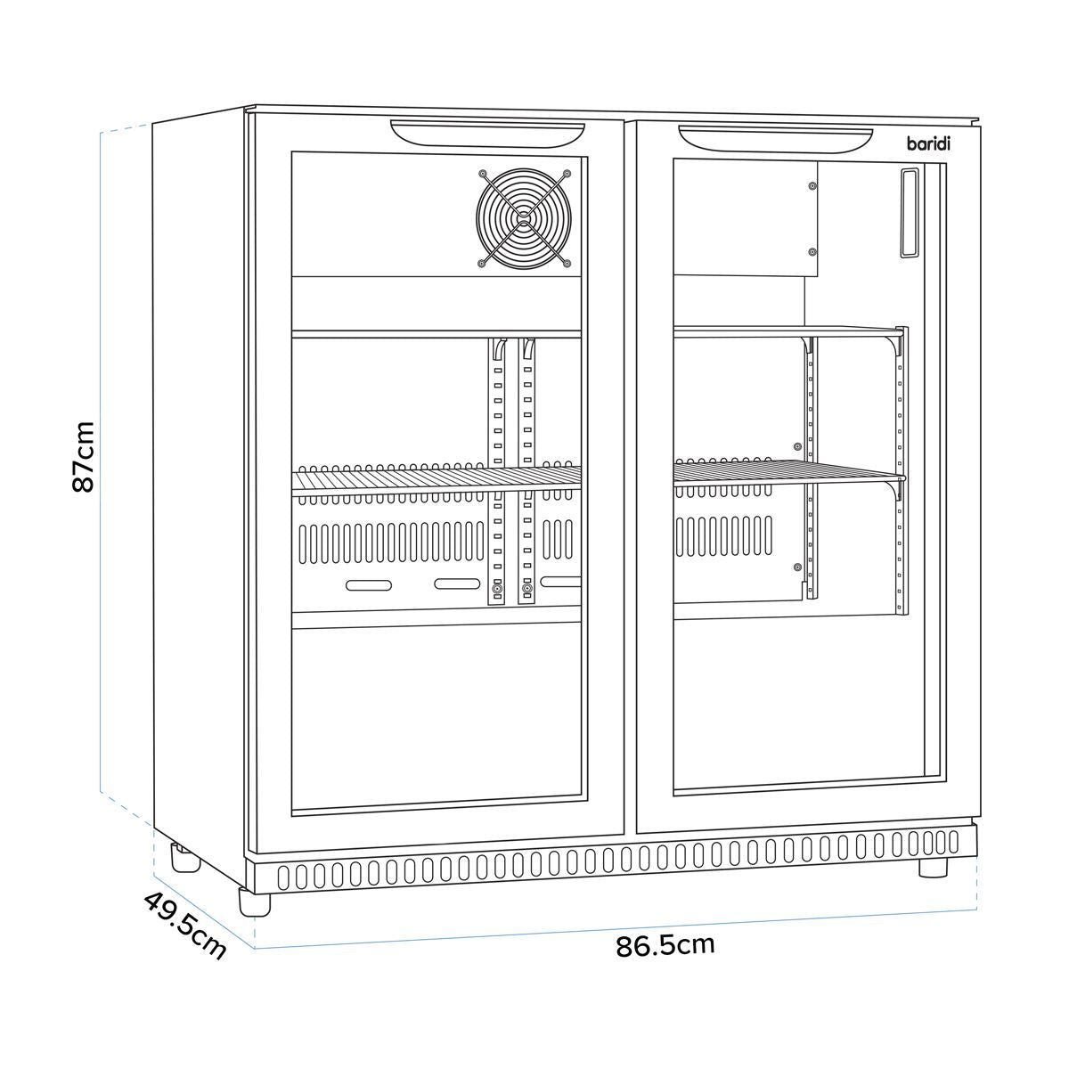 Baridi Back Bar Drinks Fridge/Cooler with Double Sliding Doors, 190L Capacity