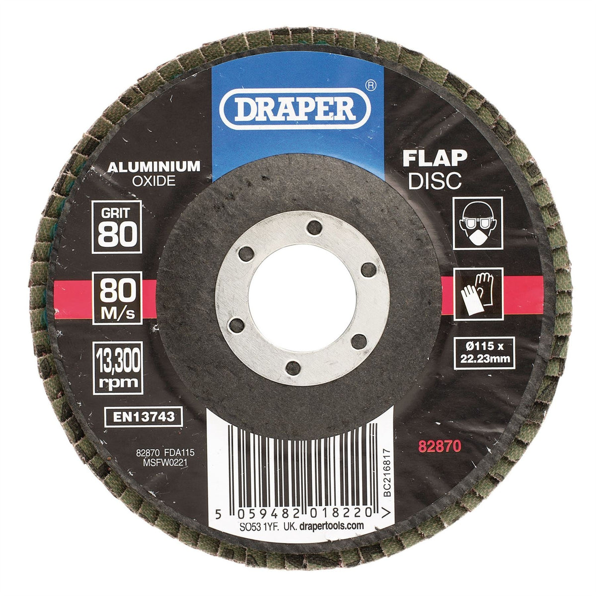 Draper Aluminium Oxide Flap Disc 115 x 22.23mm 80 Grit 82870  White Rose Tools