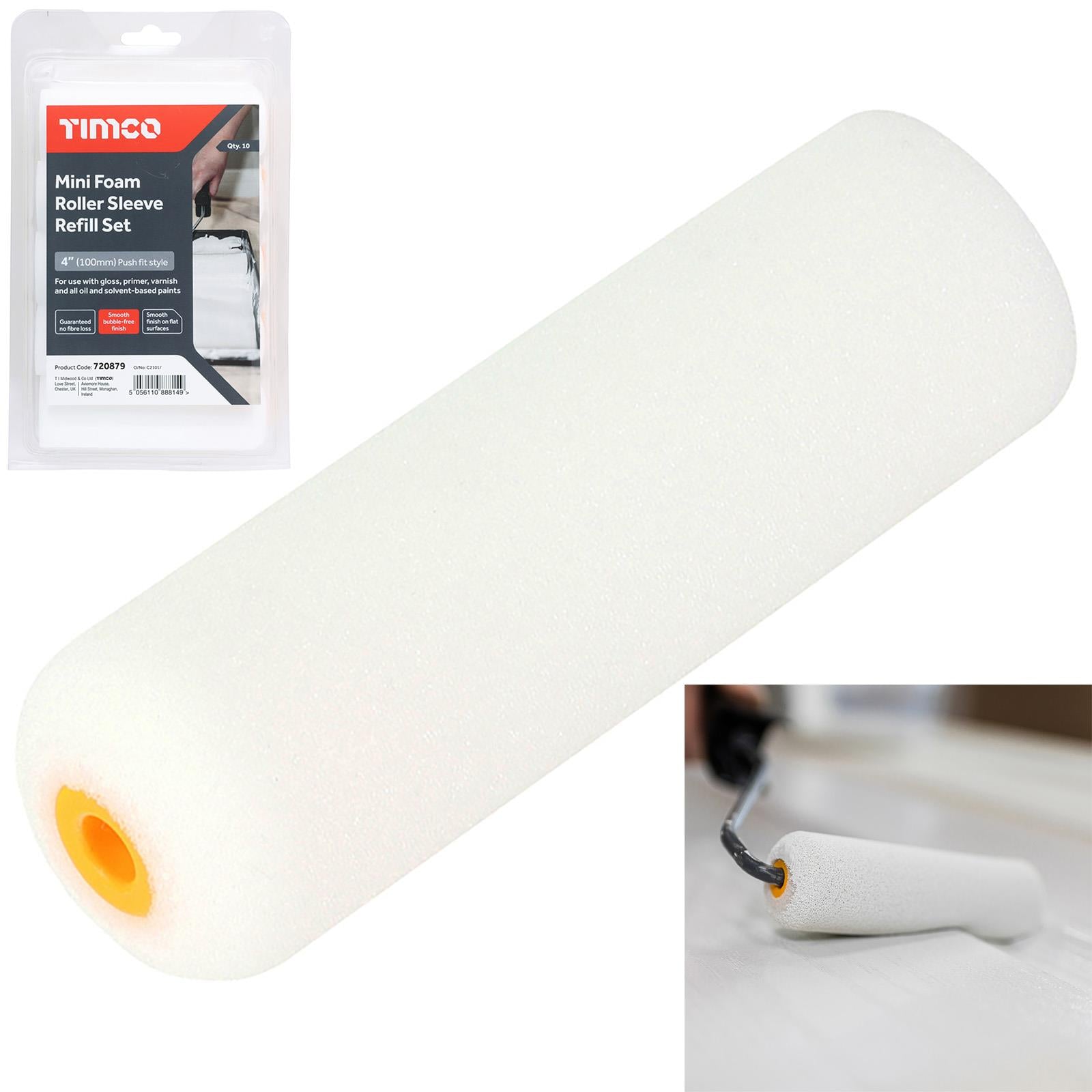 TIMCO Mini Paint Foam Roller Sleeve Refill Set 100mm 4" 10 Pack