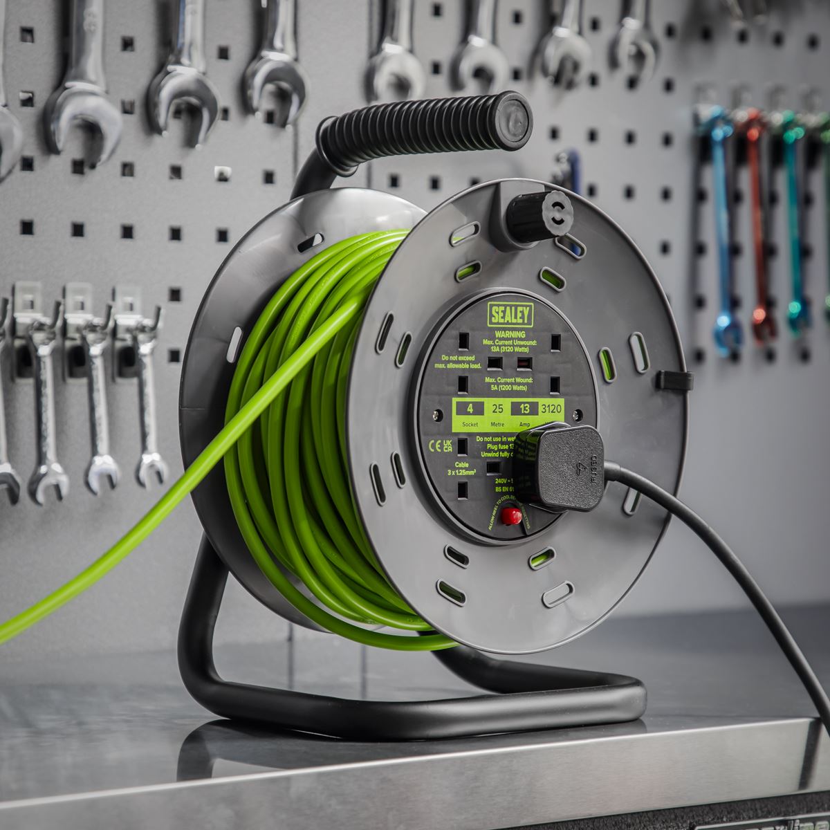 Sealey Cable Reel with Thermal Trip 4 x 230V Sockets 25m - Green