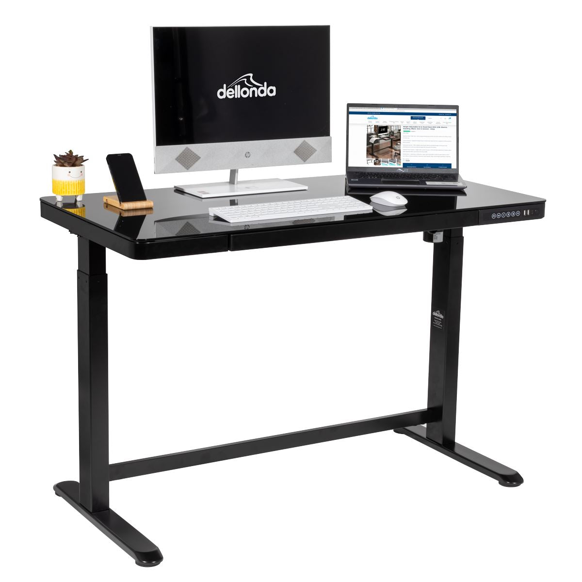 Dellonda Black Electric Adjustable Standing Desk with USB & Drawer, 1200 x 600mm