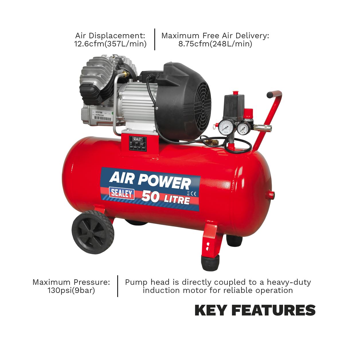 Sealey 50L V-Twin Direct Drive Air Compressor 3hp 