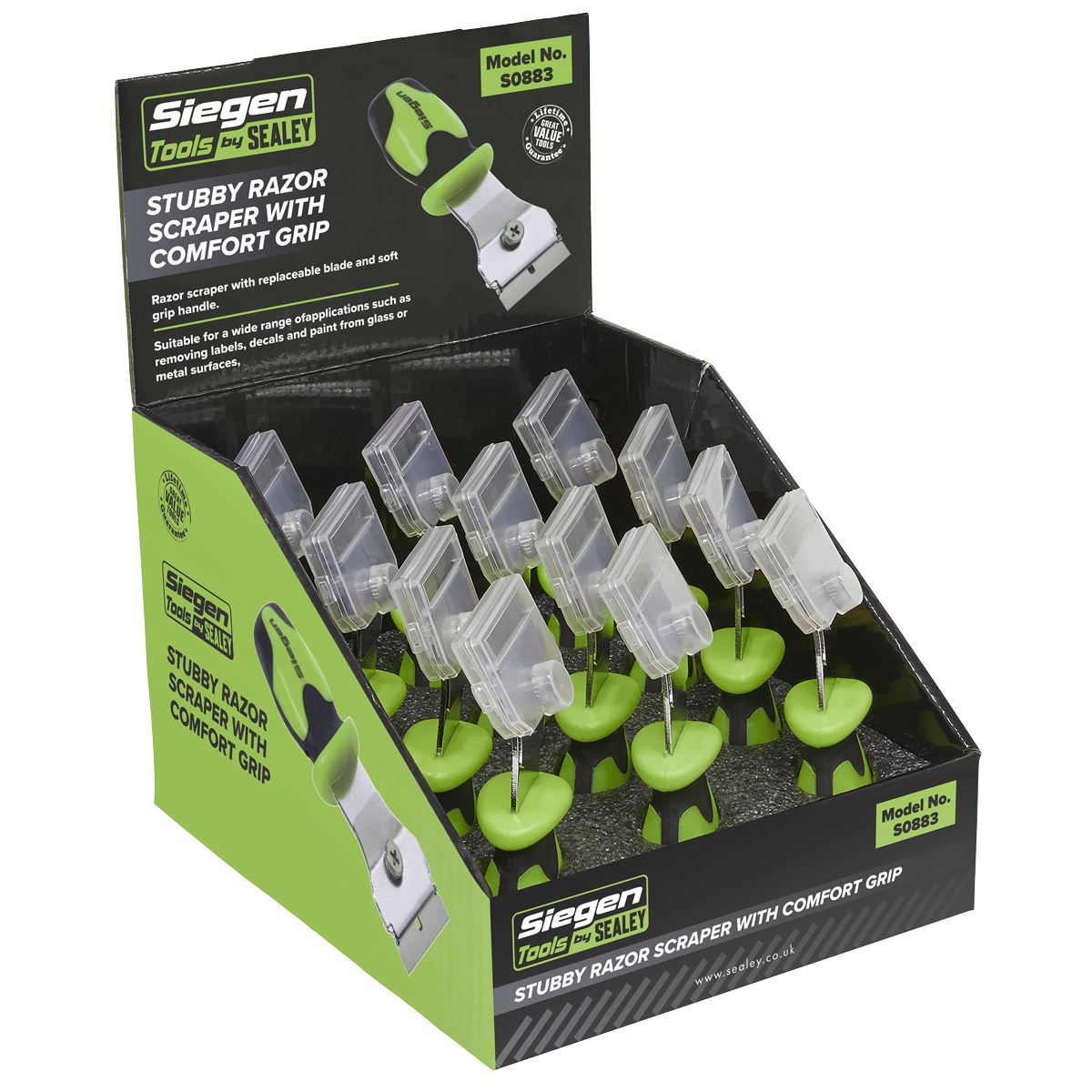 Siegen by Sealey Razor Scraper with Comfort Grip Stubby Display Box of 12