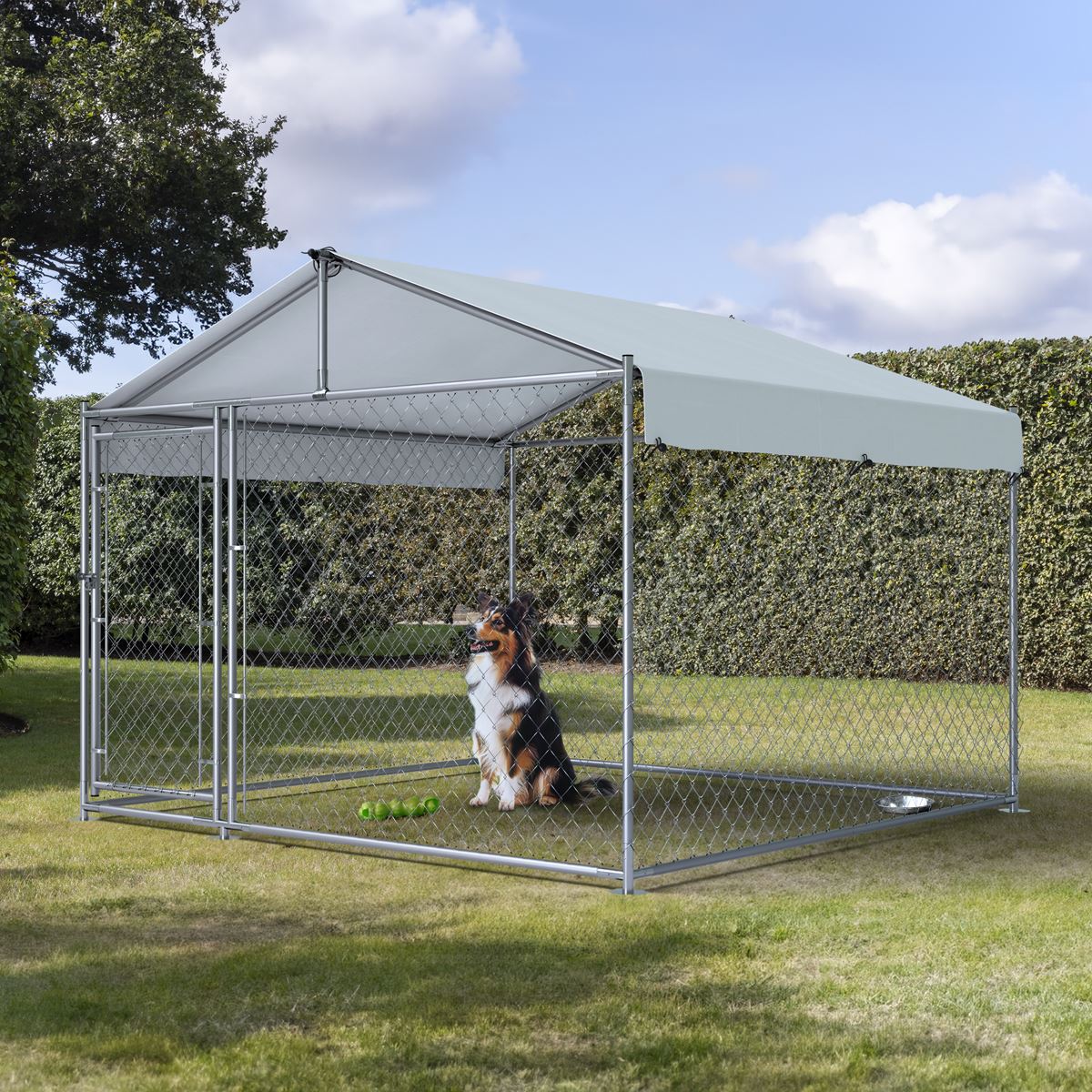 Dellonda 2 x2 x 1.5m Dog Kennel, Galvanised Steel, Roof Cover, Chain Link Fencing