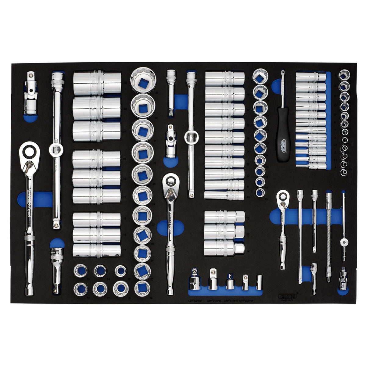 Draper Expert Socket Set in Full Plus Drawer EVA Insert Tray 1/4" 3/8" & 1/2" (96 Piece) 63539  White Rose Tools