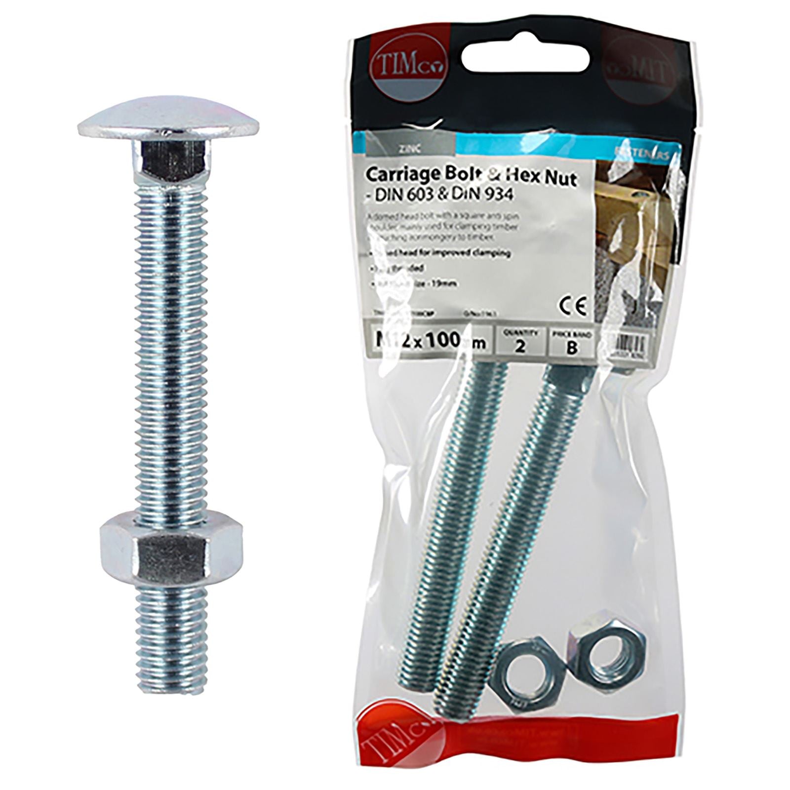 TIMCO Carriage Bolts with Hex Nuts 4.8 Grade Zinc Carbon Steel TIMpac M6-M12 - Choose Size