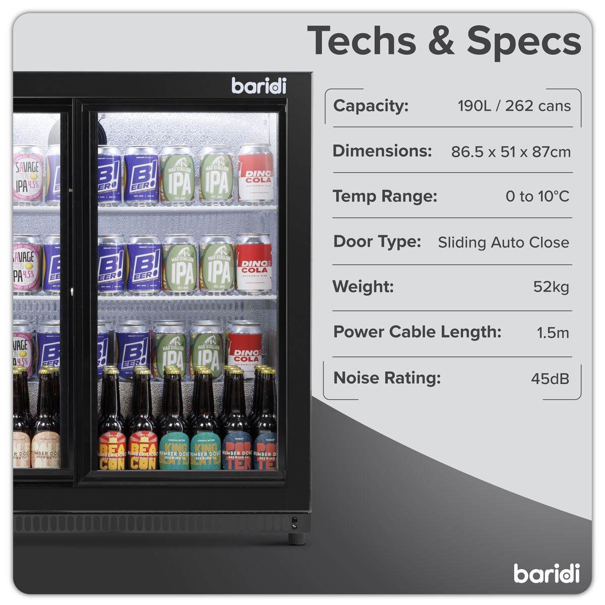Baridi Back Bar Drinks Fridge/Cooler with Double Sliding Doors, 190L Capacity  White Rose Tools