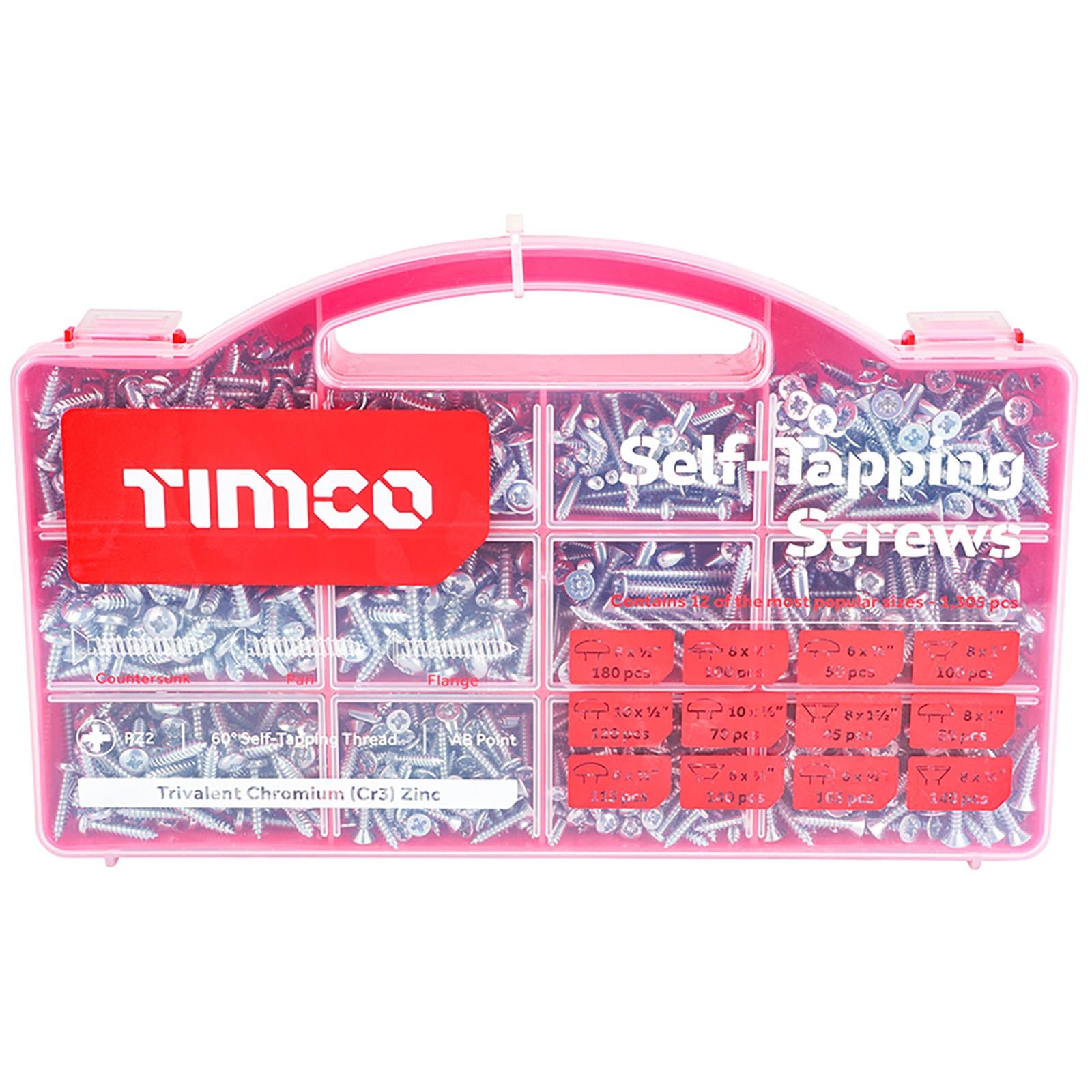 TIMCO Self Tapping Screws Mixed Assortment Tray Pan Countersunk Flange Head 1305 Screws