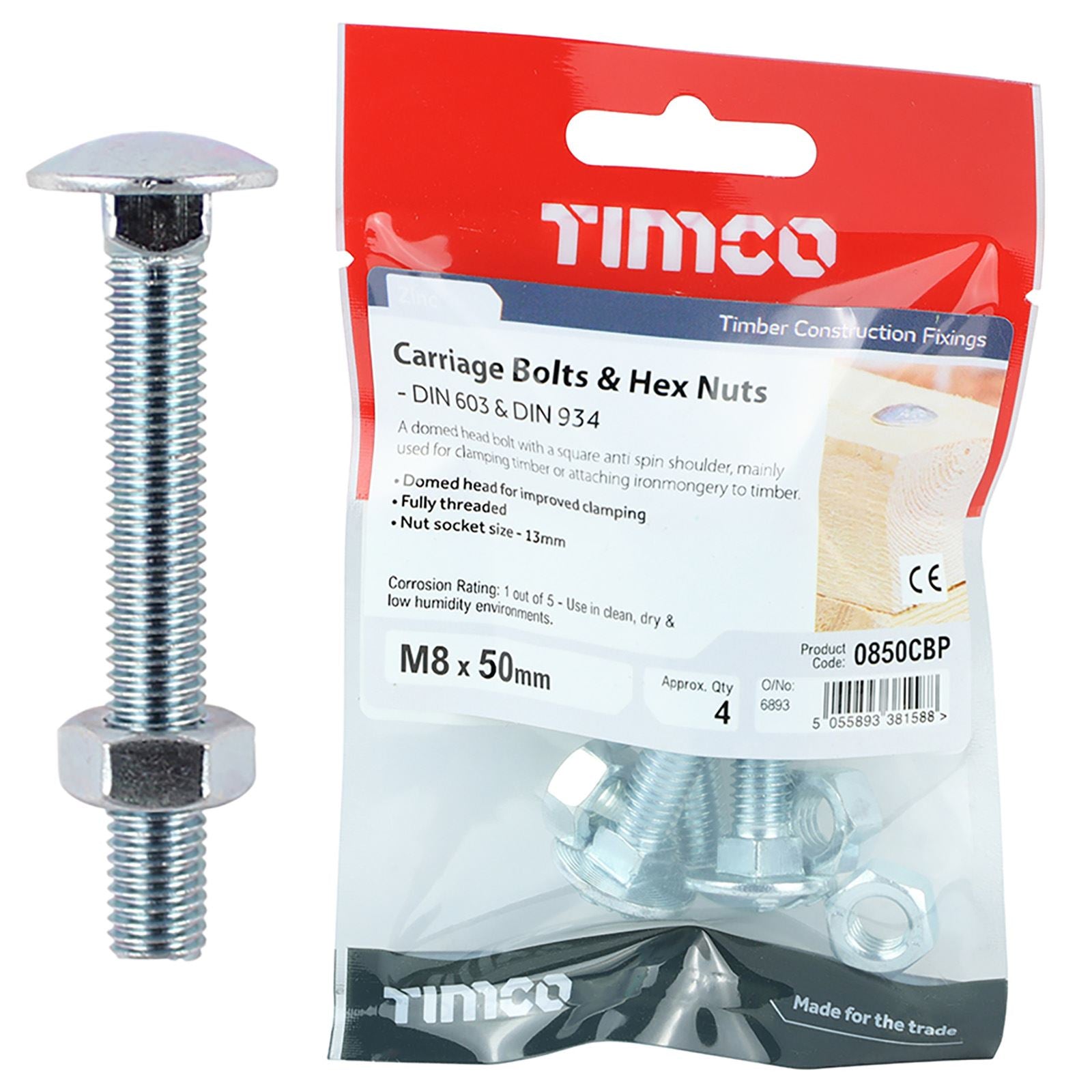 TIMCO Carriage Bolts with Hex Nuts 4.8 Grade Zinc Carbon Steel TIMpac M6-M12 - Choose Size