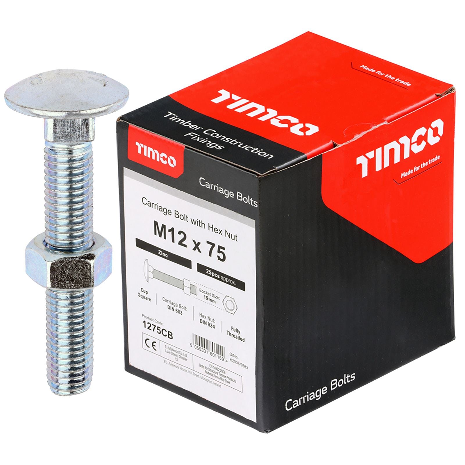 TIMCO Carriage Bolts with Hex Nuts 4.8 Grade Zinc Carbon Steel Boxed M6-M16 - Choose Size