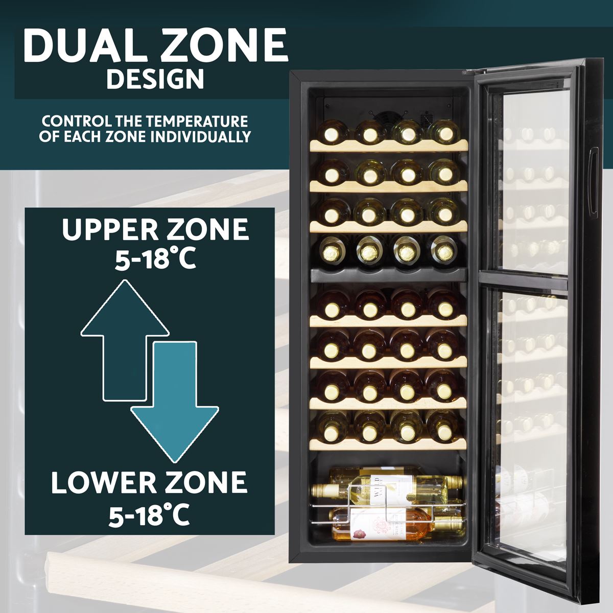Baridi 36 Bottle Dual Zone Wine Cooler, Fridge with Digital Touchscreen Controls, Wooden Shelves & LED Light, Black