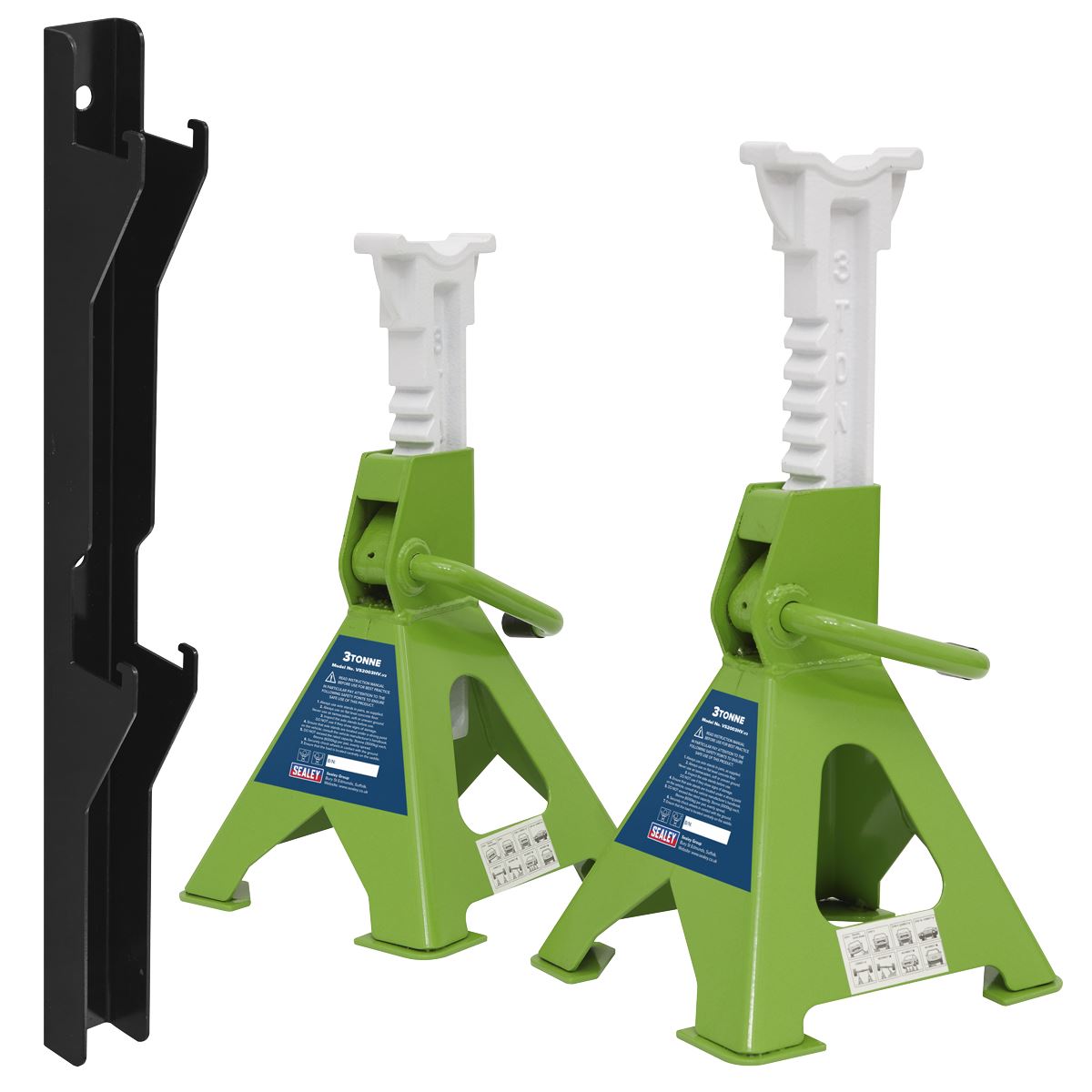 Sealey 3 Tonne Axle Stand & Axle Stand Storage Rack Combo High Vis Green