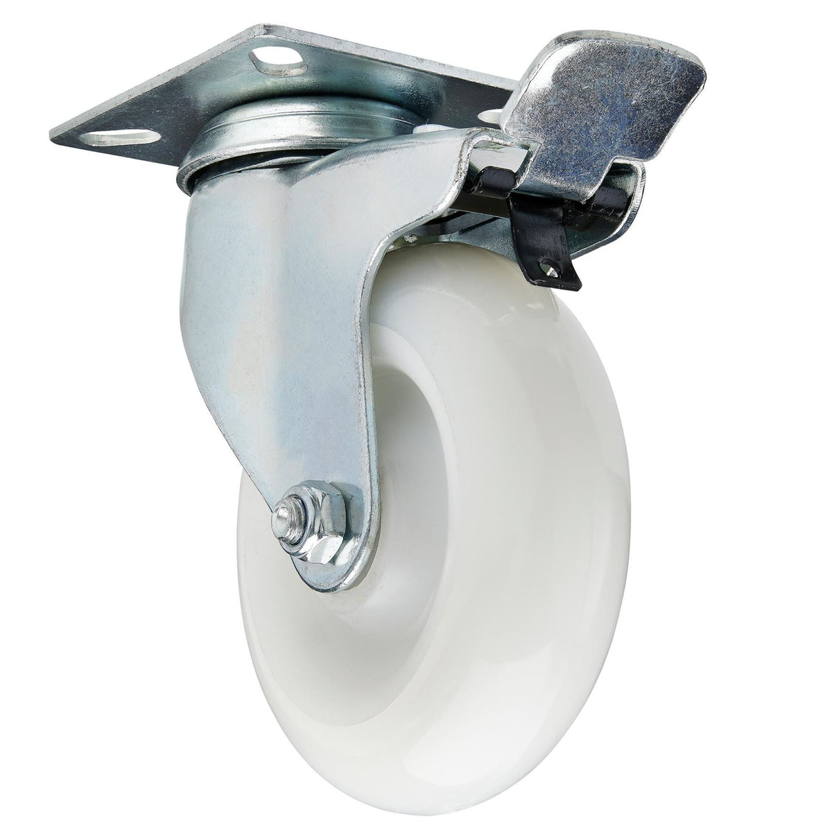 Draper Swivel Plate Fixing Nylon Wheel with Brake 100mm Diameter S.W.L. 125kg 65504  White Rose Tools