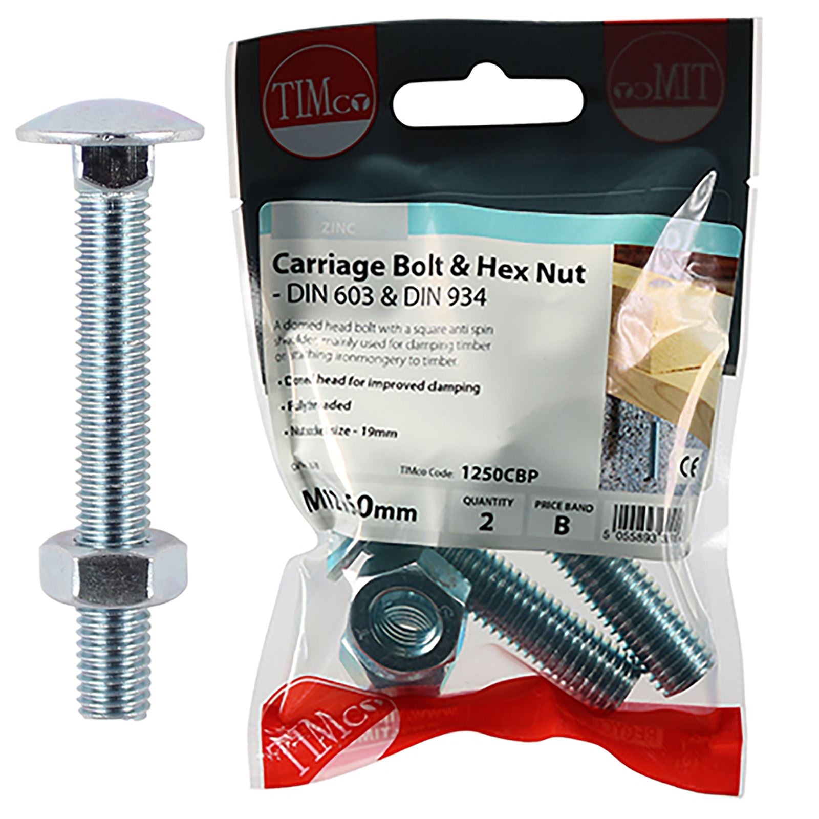 TIMCO Carriage Bolts with Hex Nuts 4.8 Grade Zinc Carbon Steel TIMpac M6-M12 - Choose Size