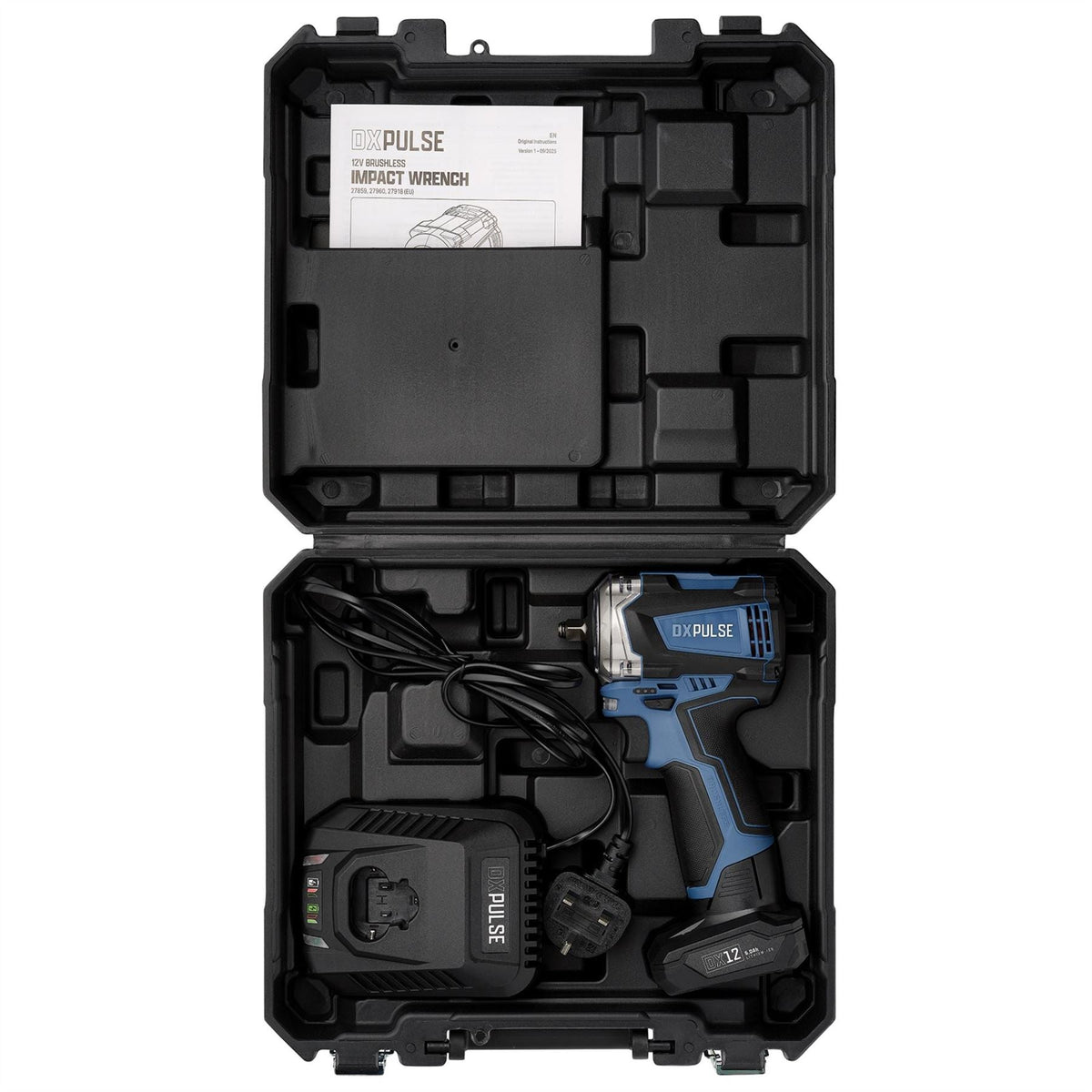 Draper DXPULSE 12V Brushless Impact Wrench Kit 3/8" Sq. Dr. 1 x 5.0Ah Battery 1 x Fast Charger 27960  White Rose Tools