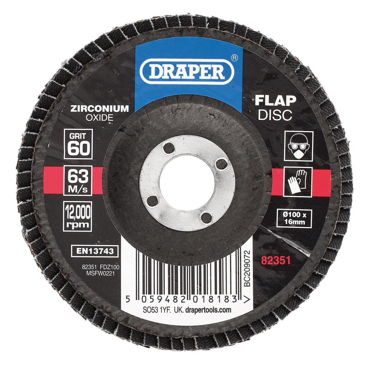 Draper Zirconium Oxide Flap Disc 100 x 16mm 60 Grit 82351  White Rose Tools