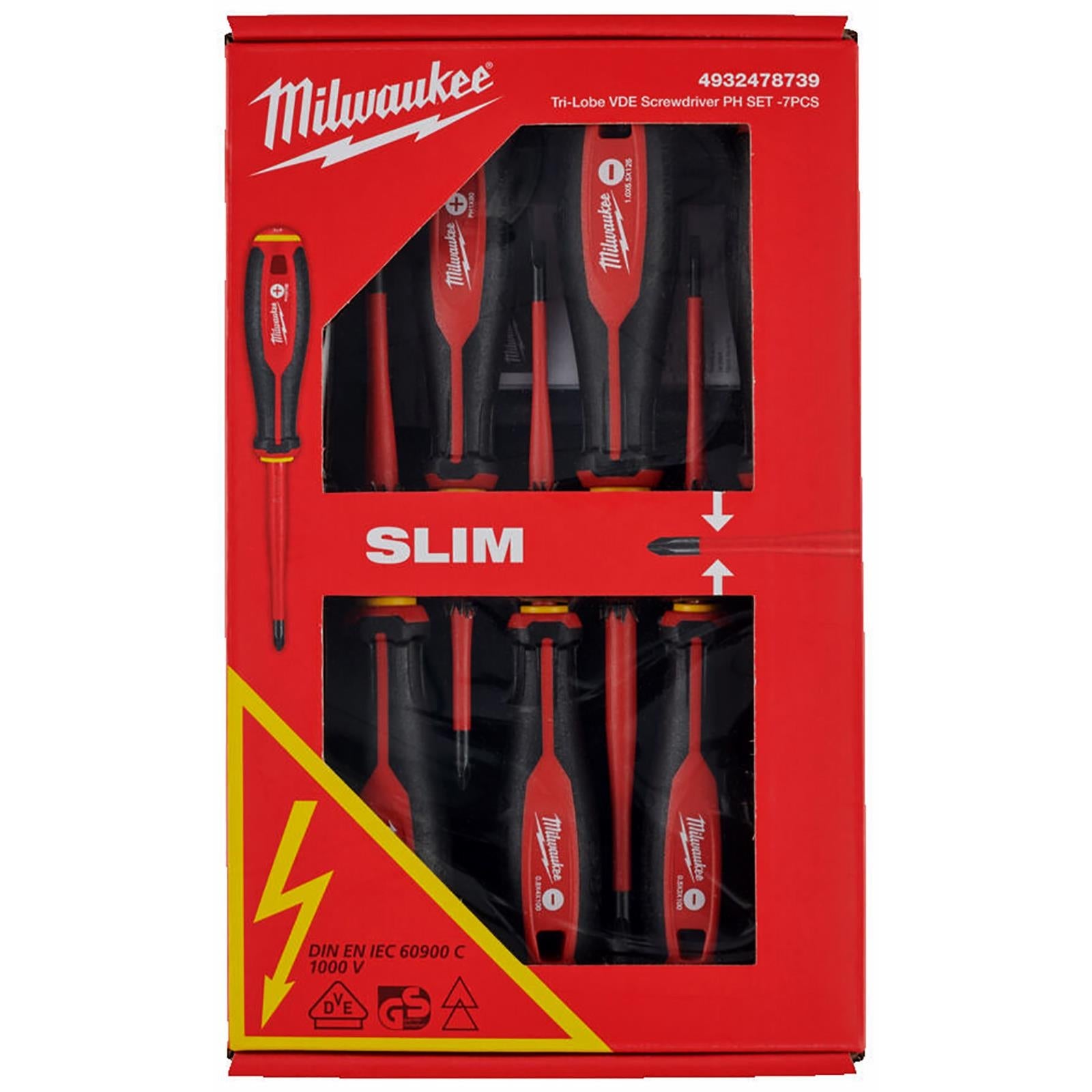 Milwaukee Tri-Lobe VDE Screwdriver Set Slim 7 Piece Slotted Phillips 