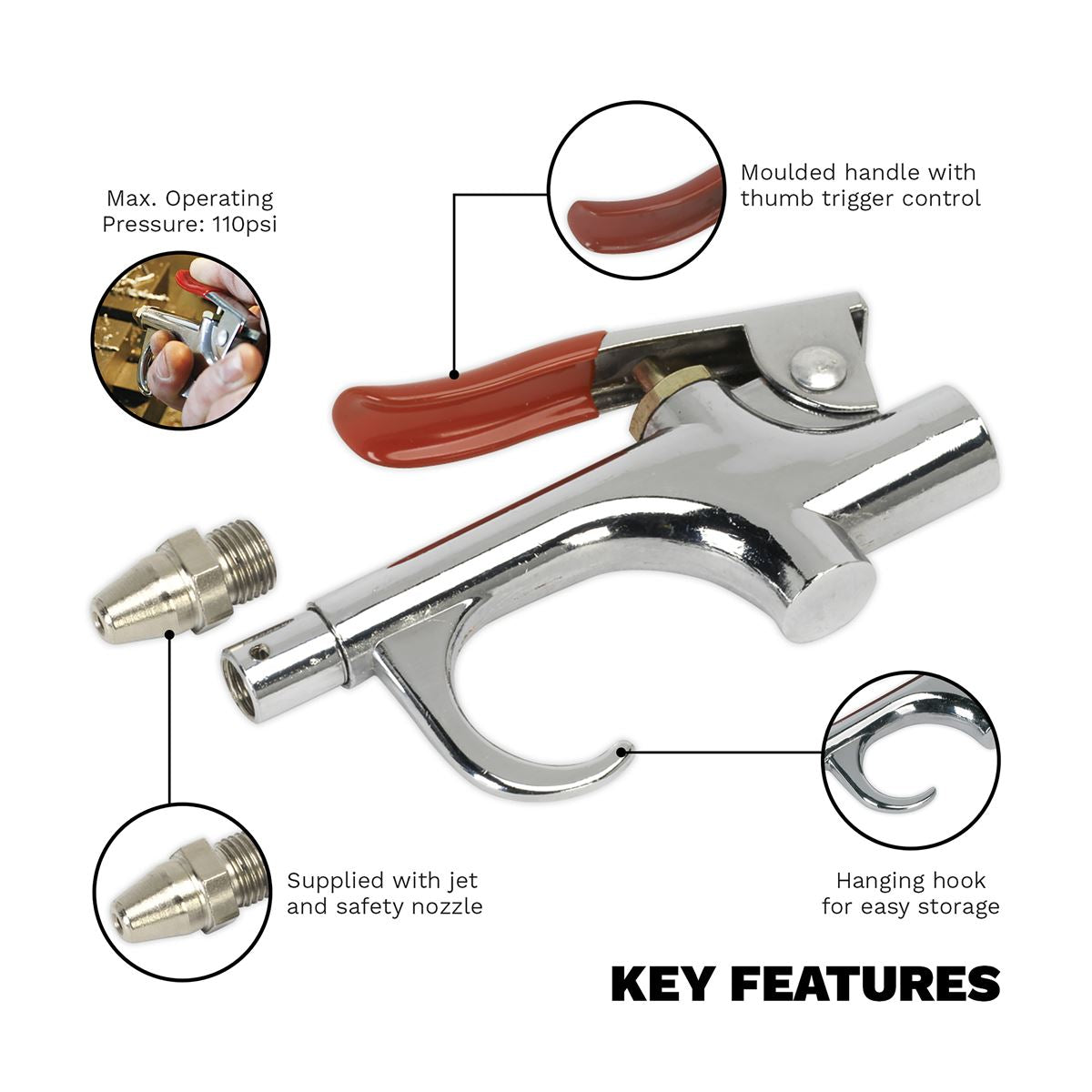 Sealey Air Blow Gun Palm Type with 1/4"BSP Air Inlet & Safety Nozzle