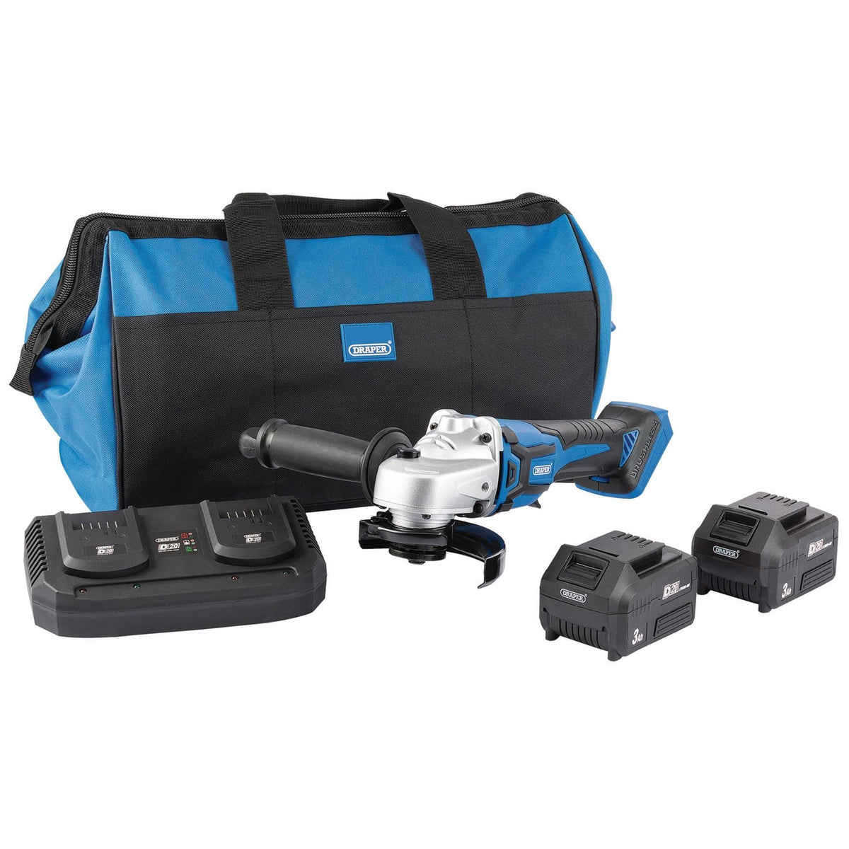 Draper D20 20V Brushless Grinder 115mm 2 x 3.0Ah Batteries 1 x Twin Charger 1 x Bag 99734  White Rose Tools