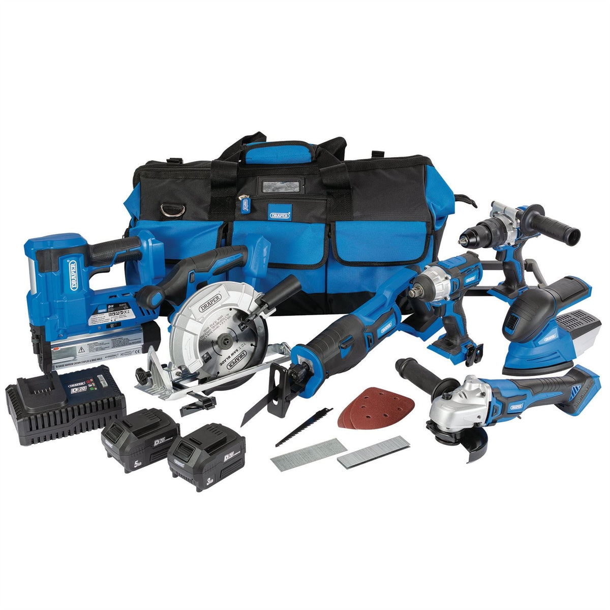 Draper D20 20V Jumbo Kit  7 x Power Tools  2 x Batteries  1 x Charger  1 x Tool Bag 90473  White Rose Tools