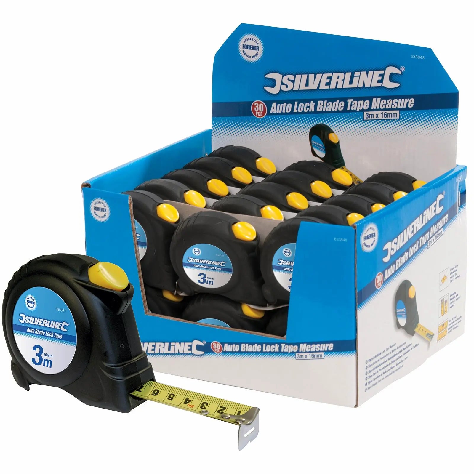 30 x Silverline 3m Tape Measure Automatic Blade Lock Metric Imperial Display Box 