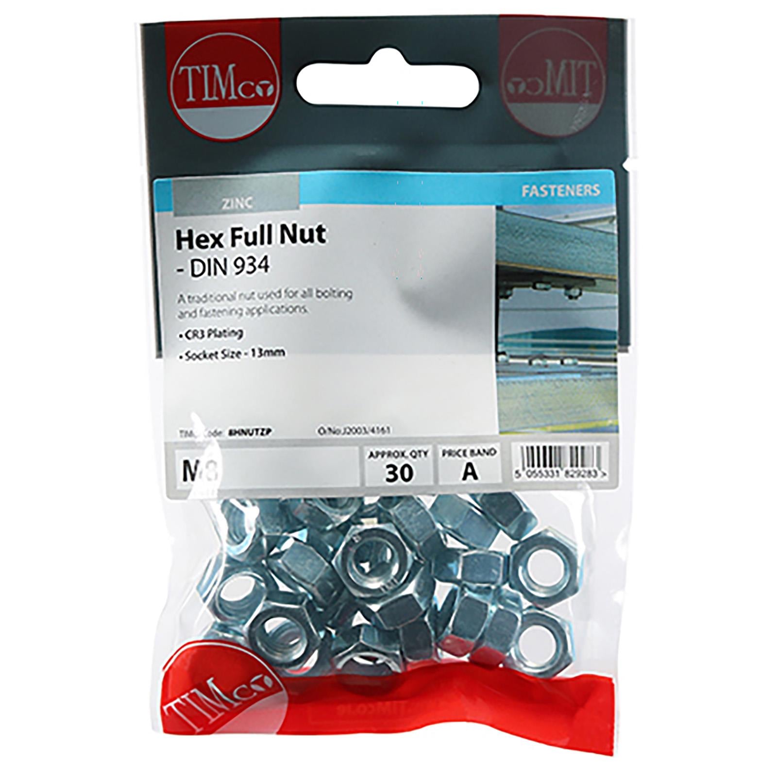 TIMCO Hex Full Nuts Zinc DIN934 M4-M20 Choose Size  White Rose Tools