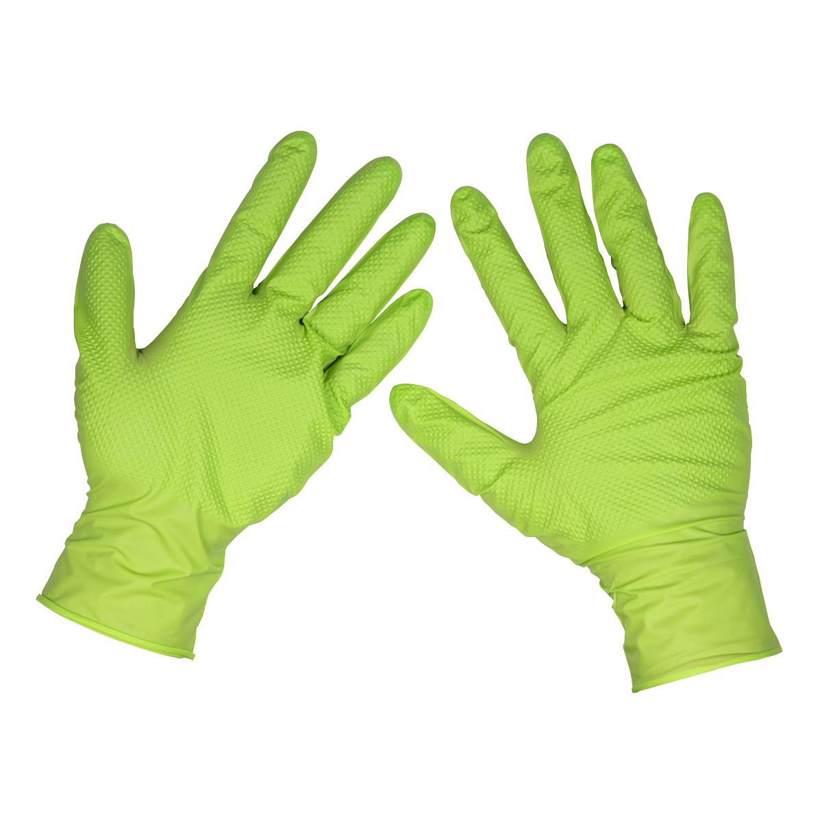 Sealey Diamond Grip Extra-Thick Nitrile Powder-Free Gloves, Hi-Vis Green, X-Large - Pack of 50