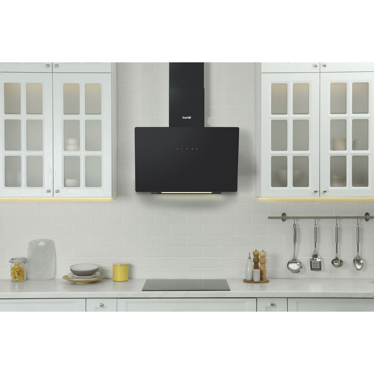 Baridi Angled Chimney Cooker Hood with Touch Controls & Carbon Filters 60cm - Black Glass  White Rose Tools