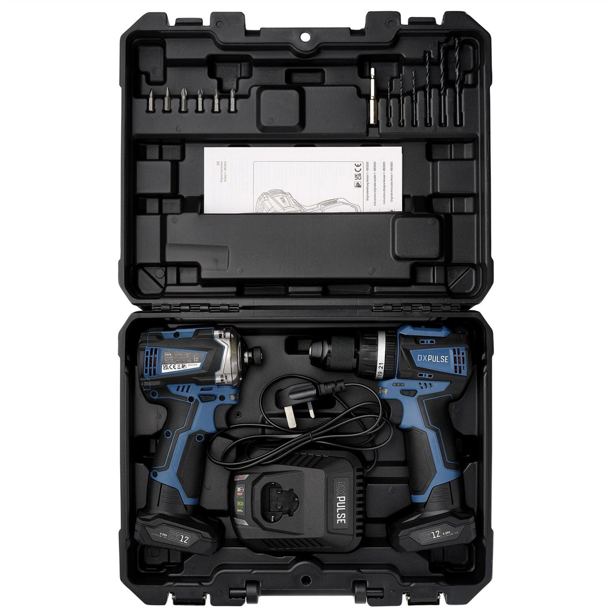 Draper DXPULSE 12V Brushless Combi Drill & Impact Driver Kit 1/4" Sq. Dr. 2 x 4.0Ah Batteries 1 x Fast Charger 28003  White Rose Tools