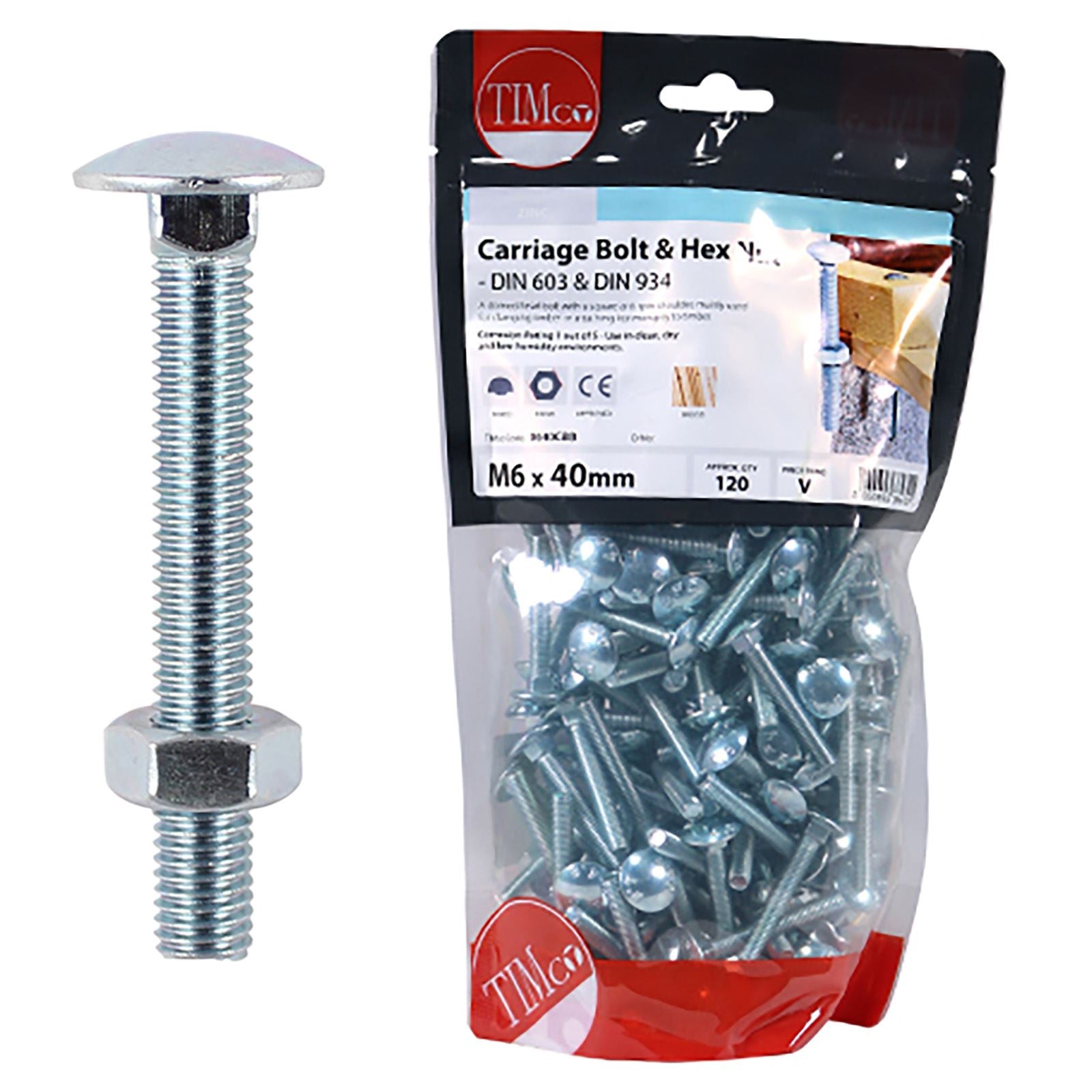 TIMCO Carriage Bolts with Hex Nuts 4.8 Grade Zinc Carbon Steel TIMbag M6-M12 - Choose Size