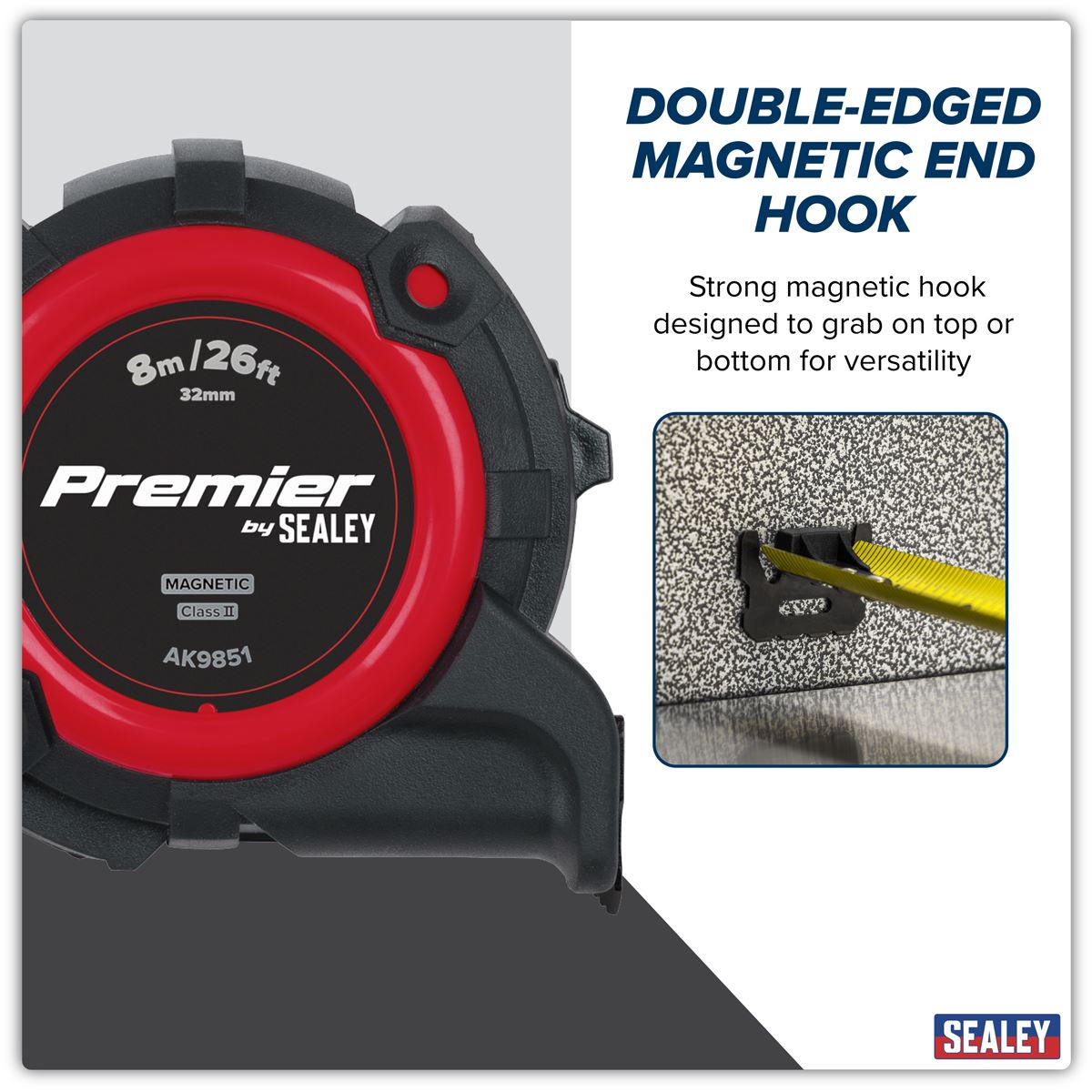 Sealey Premier Metric/Imperial Tape Measure Extra-Wide Blade 8m(26ft) x 32mm  White Rose Tools
