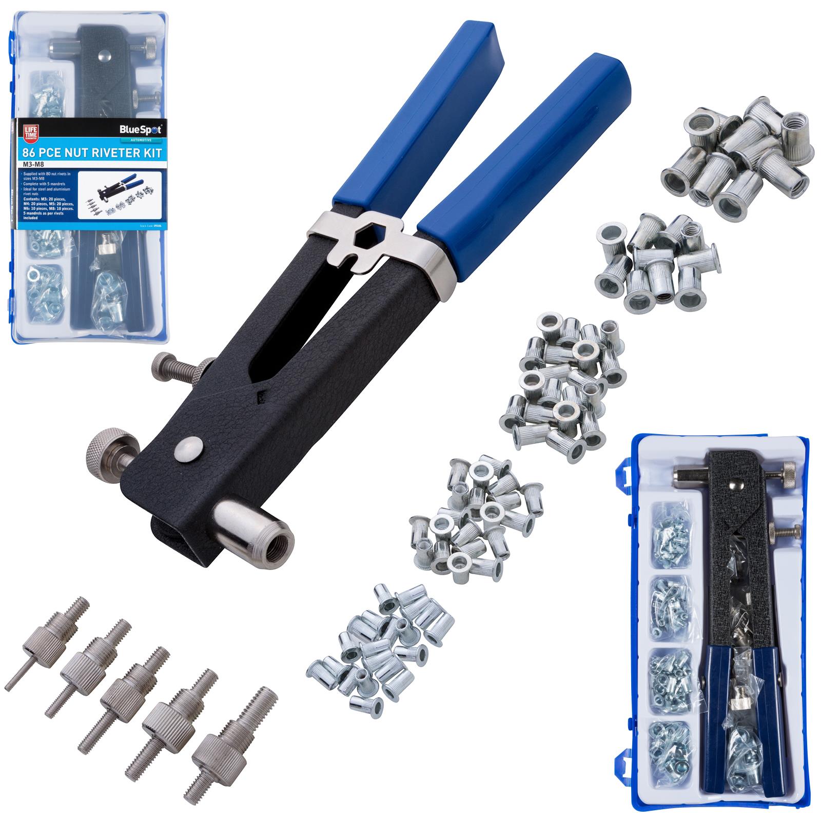 BlueSpot Nut Riveter Kit 86 Piece M3-M8 in Storage Case