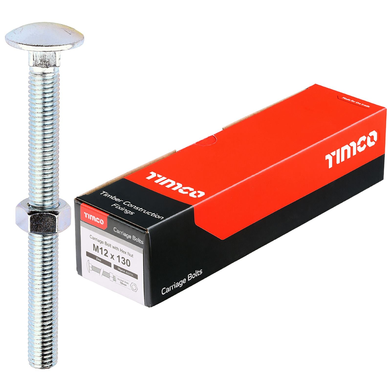 TIMCO Carriage Bolts with Hex Nuts 4.8 Grade Zinc Carbon Steel Boxed M6-M16 - Choose Size