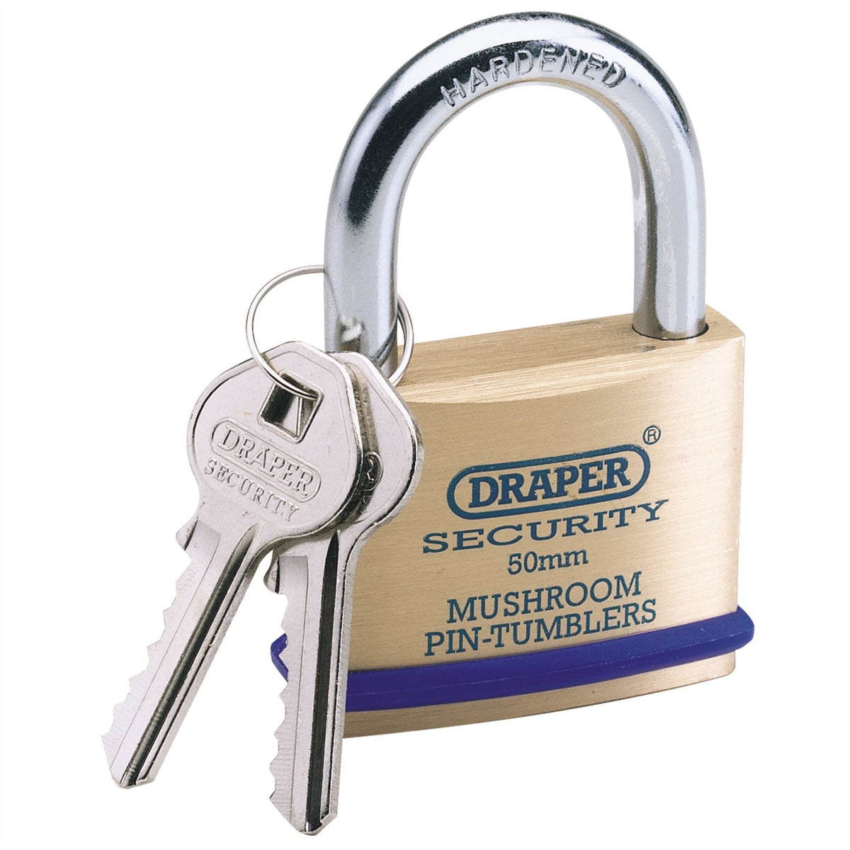 Draper Solid Brass Padlock and 2 Keys with Mushroom Pin Tumblers Hardened Steel Shackle and Bumper 50mm 64162  White Rose Tools