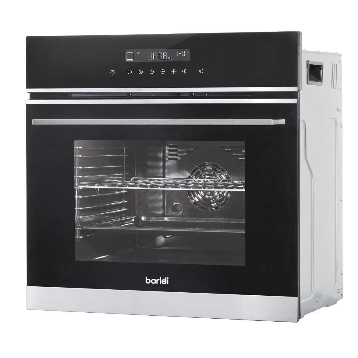 Baridi 60cm Built-In Fan Assisted, Single, Integrated 10 Function Electric Oven, Touchscreen Controls, 72L Capacity, Black/Stainless Steel