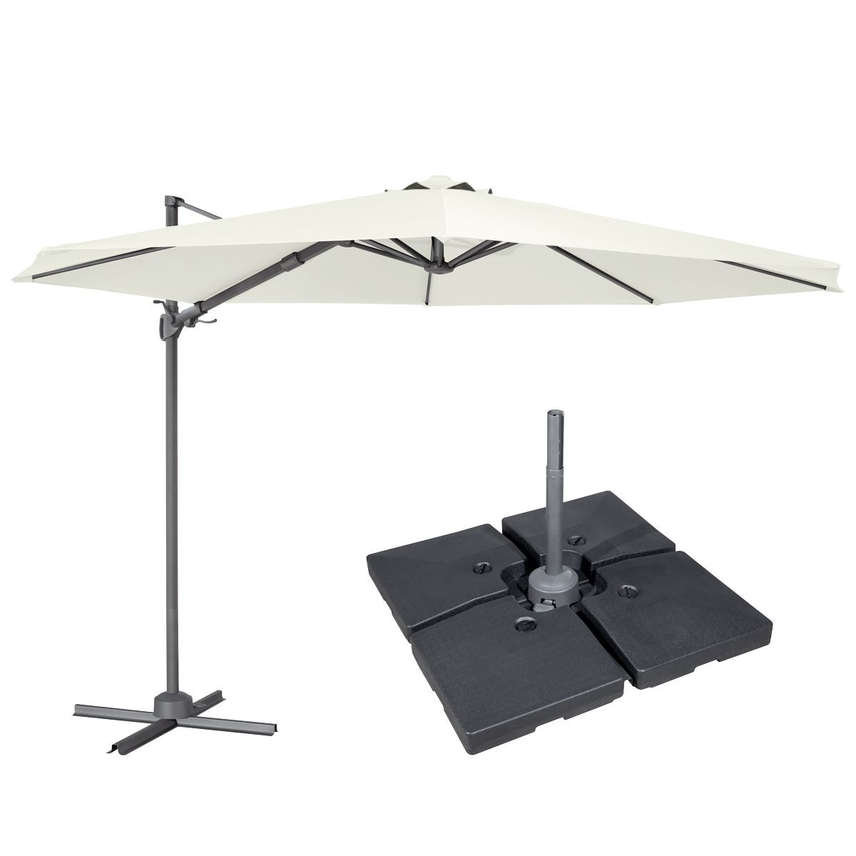 Dellonda Ø3m Cantilever Parasol/Umbrella, Cover and Base Bundle, 8 Rib, Crank Handle, 360° Rotation, 60° Tilt, Cream Canopy