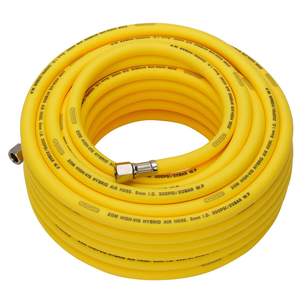 Draper High Visibility Hybrid Air Hose 20m x 8mm 1/4" BSP Yellow 31736  White Rose Tools