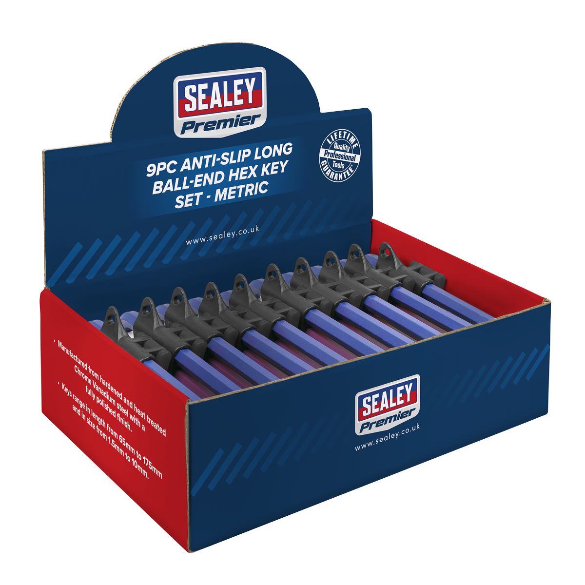 Sealey Premier Ball-End Hex Key Set 9pc Colour-Coded Long Metric - Display Box of 10