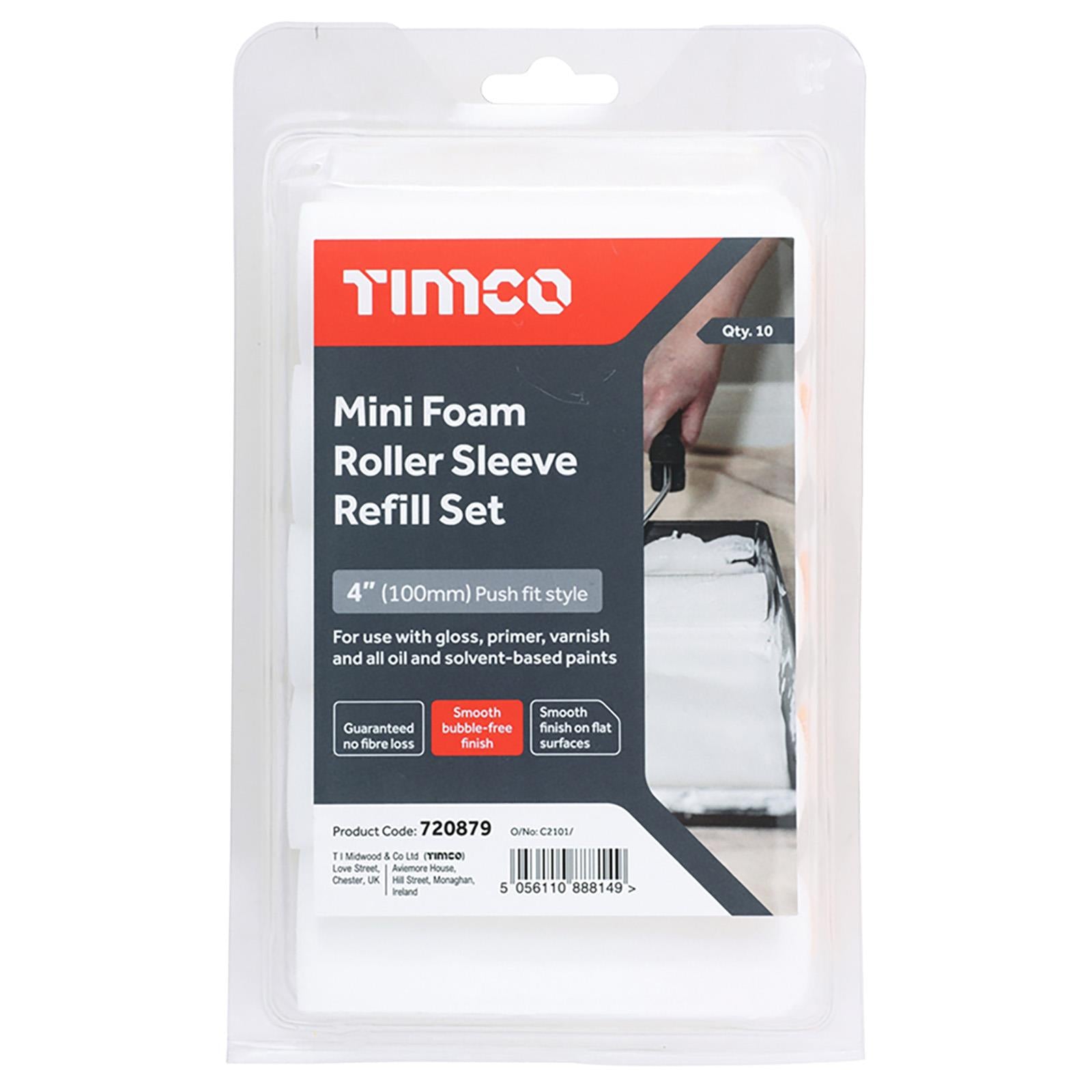 TIMCO Mini Paint Foam Roller Sleeve Refill Set 100mm 4" 10 Pack