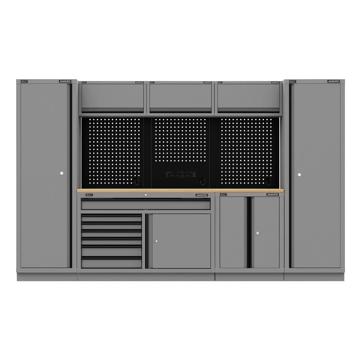 Sealey Superline PRO® Black Edition Storage System with Rubber Wood Worktop 3.24m  White Rose Tools