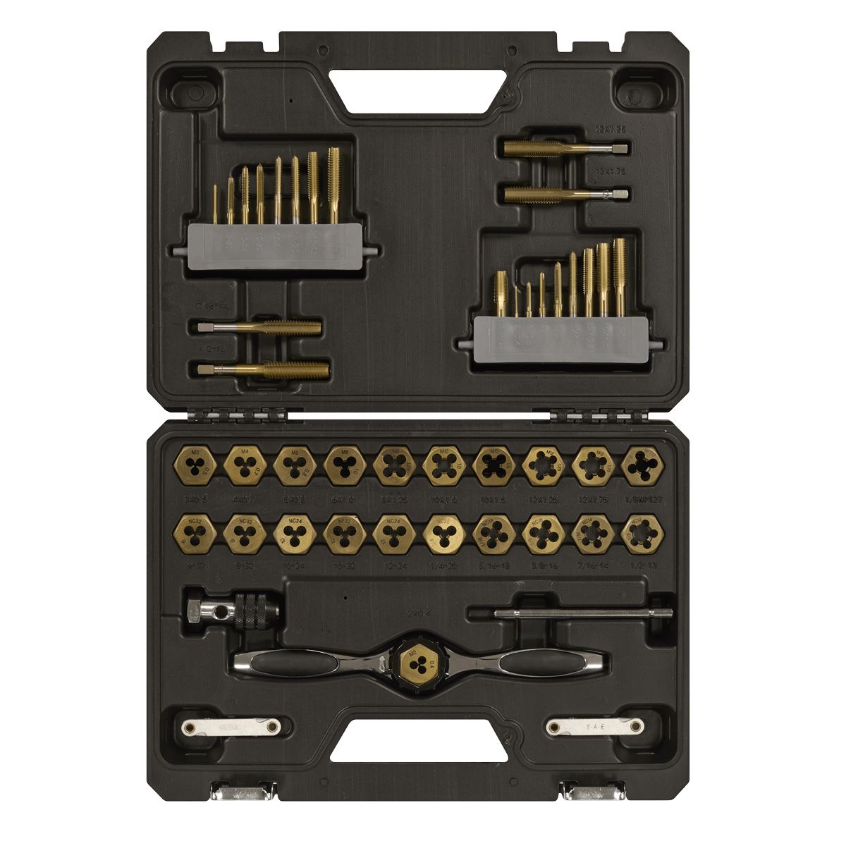 Sealey Premier Metric & SAE/Imperial Titanium Coated Hexagonal Tap & Die Set 46pc  White Rose Tools
