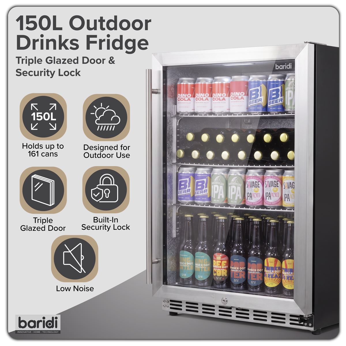 Baridi Outdoor Drinks/Beverage/Bar Fridge with Triple Glazed Door & Security Lock 150L - Stainless Steel  White Rose Tools
