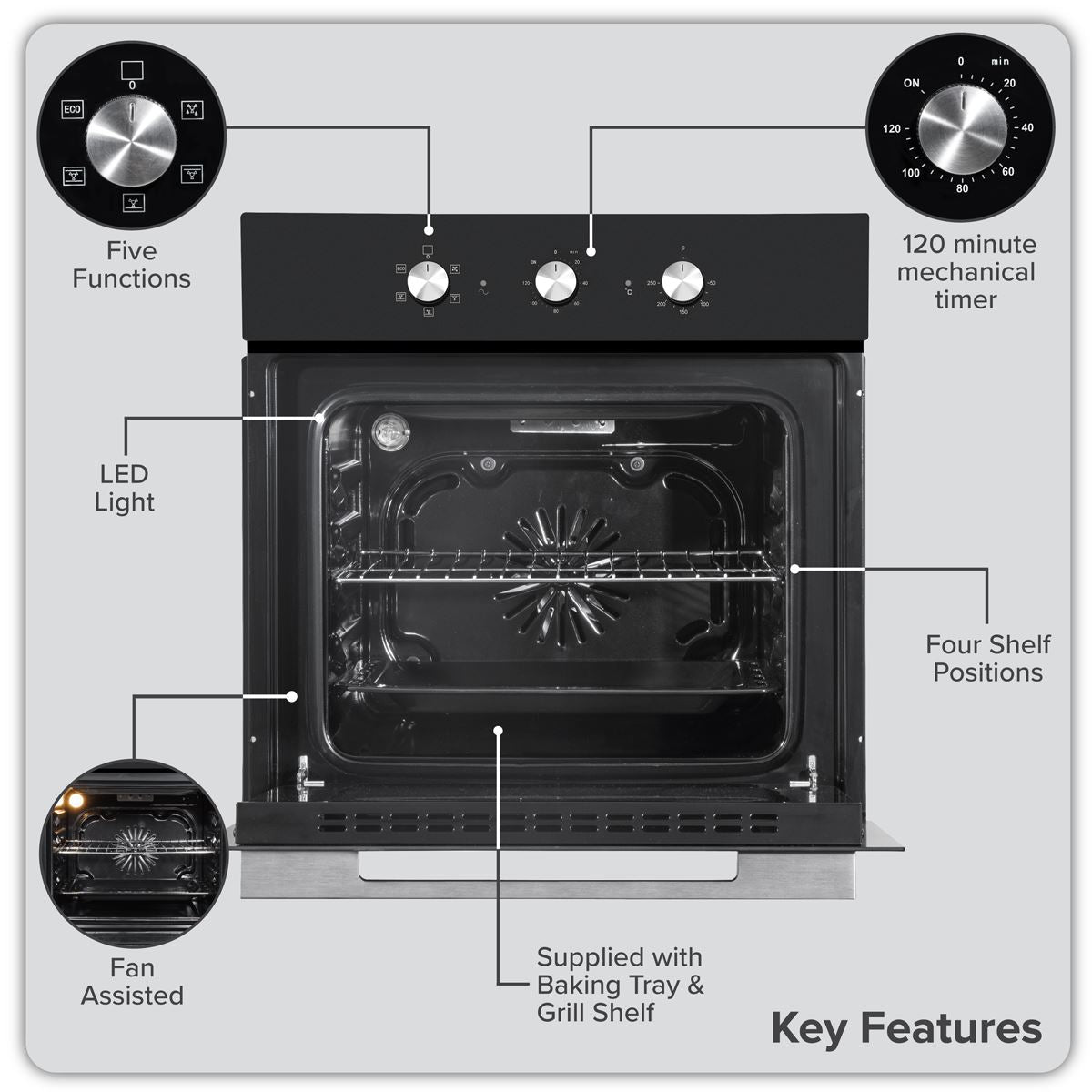Baridi Built-In 5-Function Fan Assisted Oven with Timer 60cm, 55L Capacity - Black