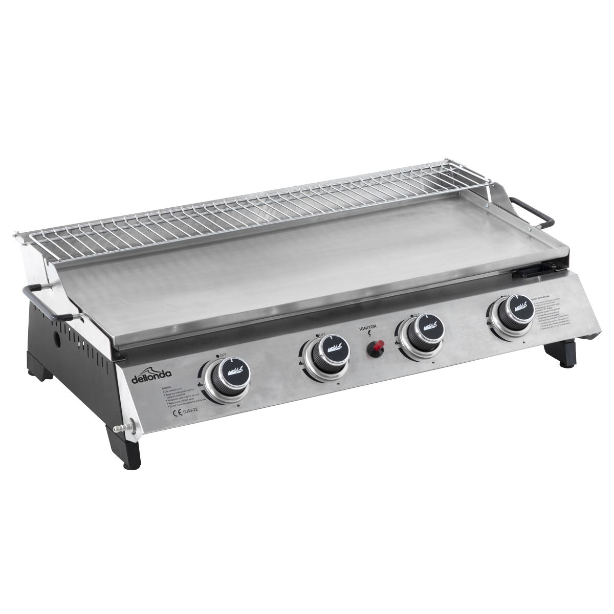 Dellonda 4 Burner Portable Gas Plancha with Warming Rack, 10kW BBQ Griddle, Stainless Steel