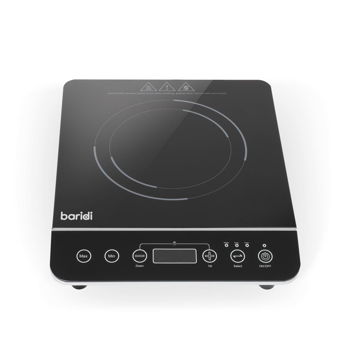 Baridi Induction Hob: Single Zone with 13A Plug, 10 Power Settings 200W-2000W, Touch Controls, 3-Hour Timer Function, Child Lock, Black