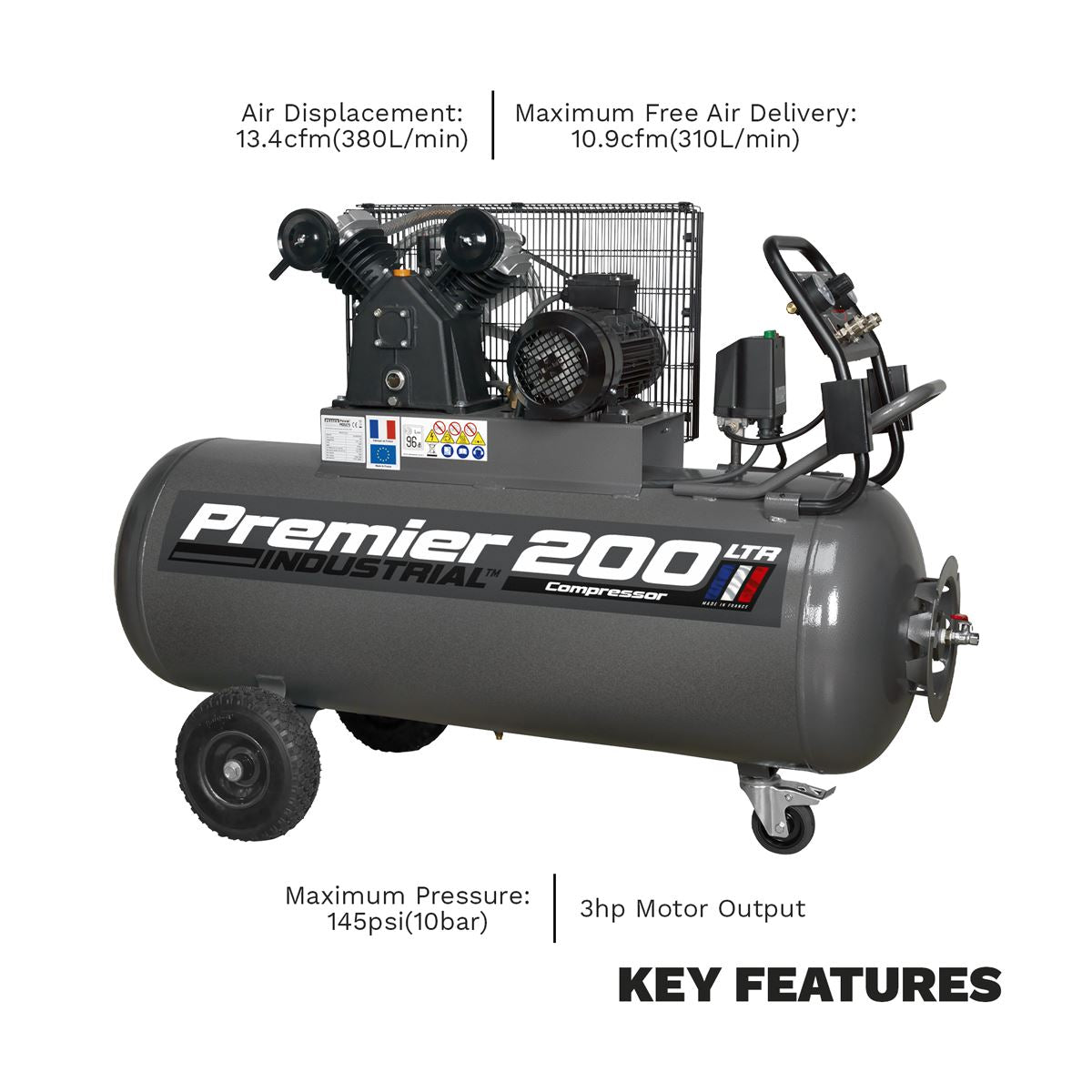 Sealey Premier 200L Belt Drive Air Compressor with Front Control Panel 3hp 415V 3ph